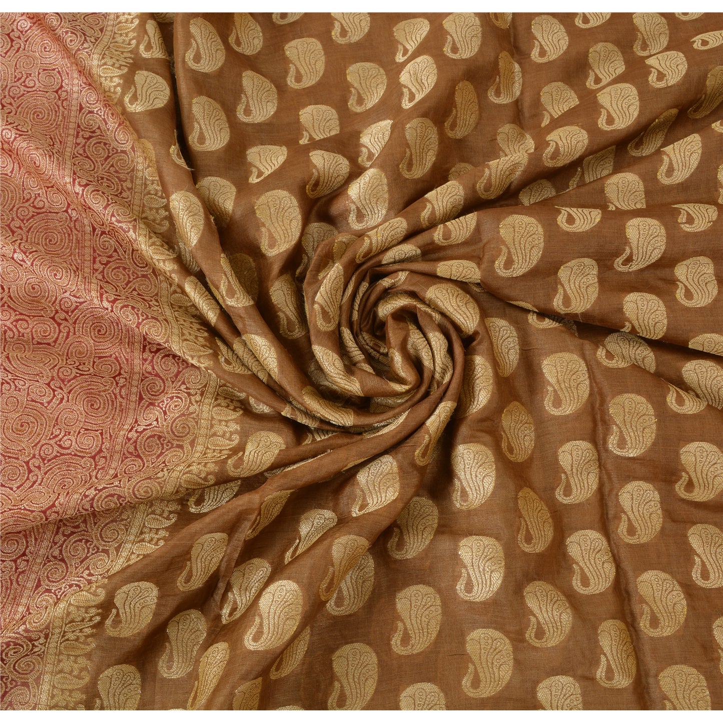 Sanskriti Vintage Brown/Red Sarees Pure Silk Handwoven Premium Sari Craft Fabric