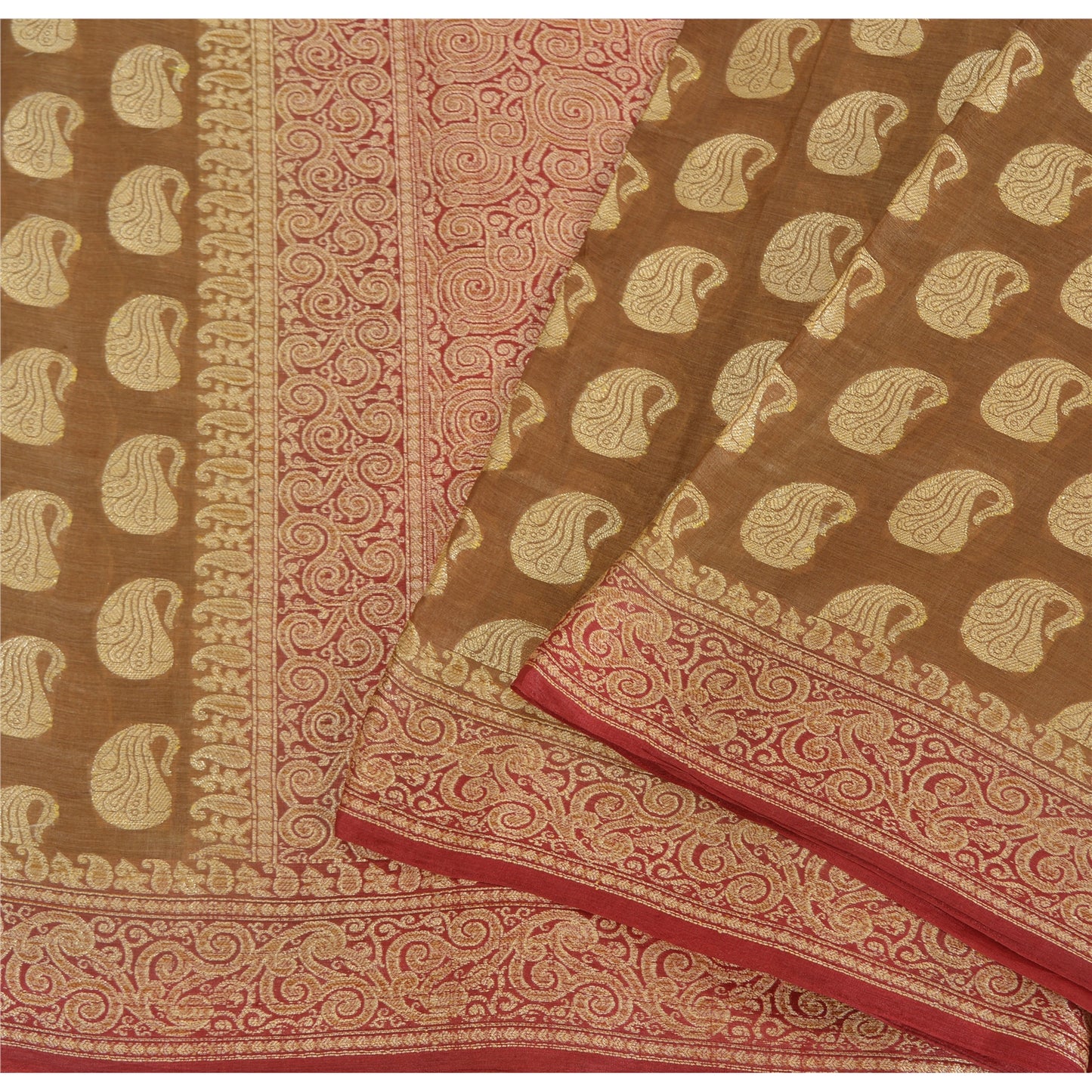 Sanskriti Vintage Brown/Red Sarees Pure Silk Handwoven Premium Sari Craft Fabric