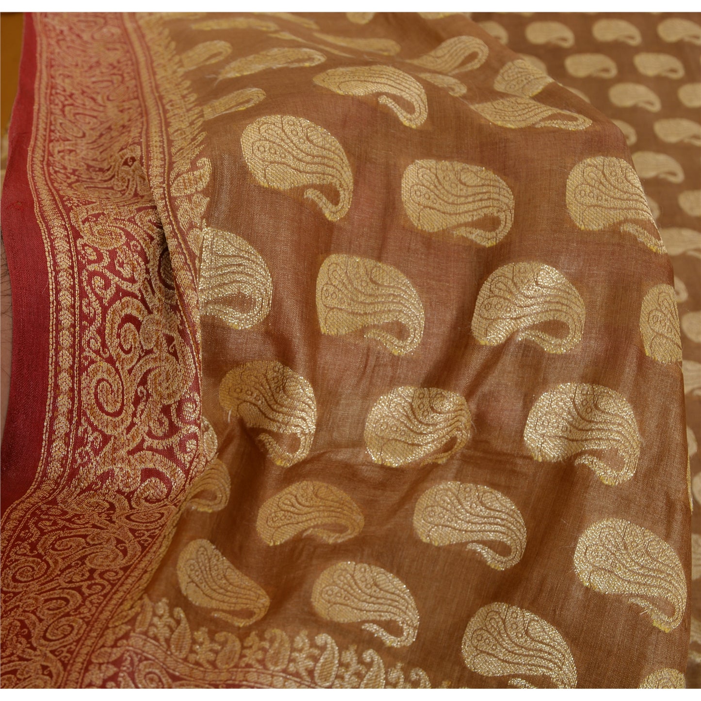 Sanskriti Vintage Brown/Red Sarees Pure Silk Handwoven Premium Sari Craft Fabric
