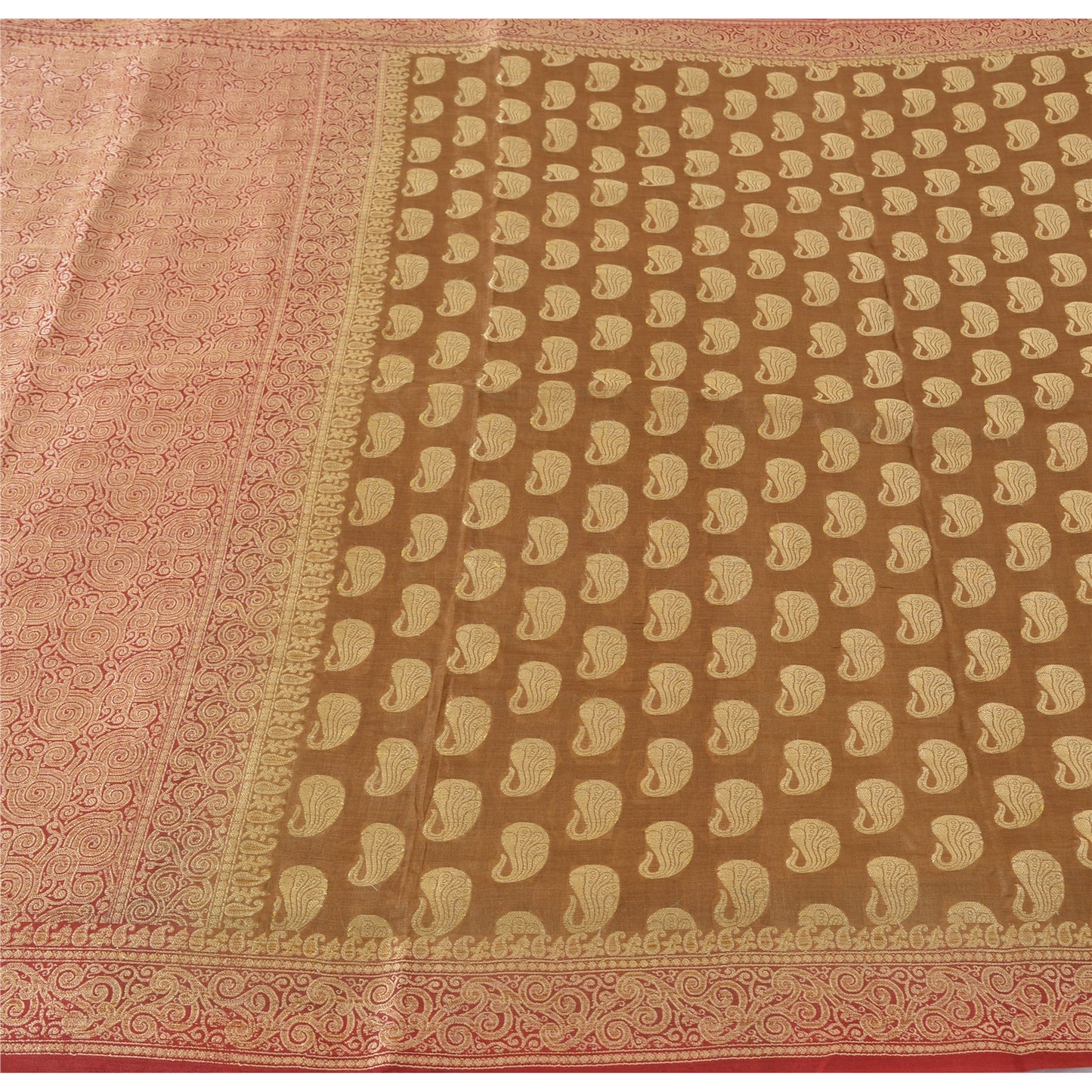 Sanskriti Vintage Brown/Red Sarees Pure Silk Handwoven Premium Sari Craft Fabric