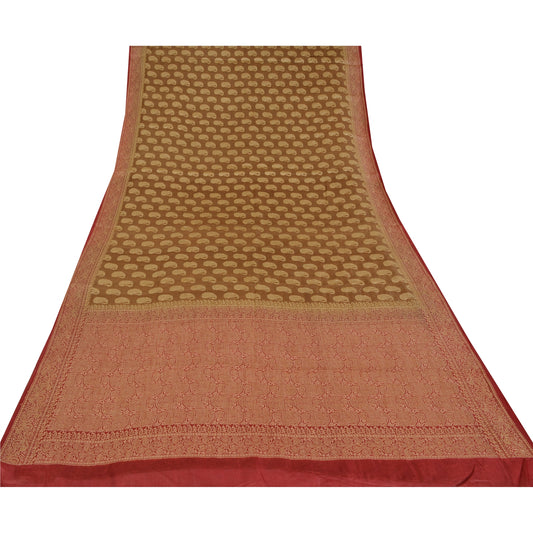 Sanskriti Vintage Brown/Red Sarees Pure Silk Handwoven Premium Sari Craft Fabric