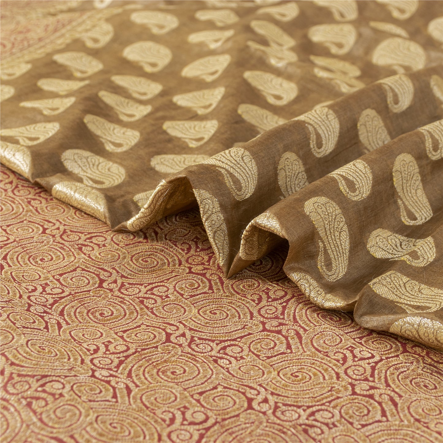 Sanskriti Vintage Brown/Red Sarees Pure Silk Handwoven Premium Sari Craft Fabric