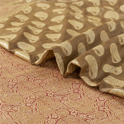 Sanskriti Vintage Brown/Red Sarees Pure Silk Handwoven Premium Sari Craft Fabric