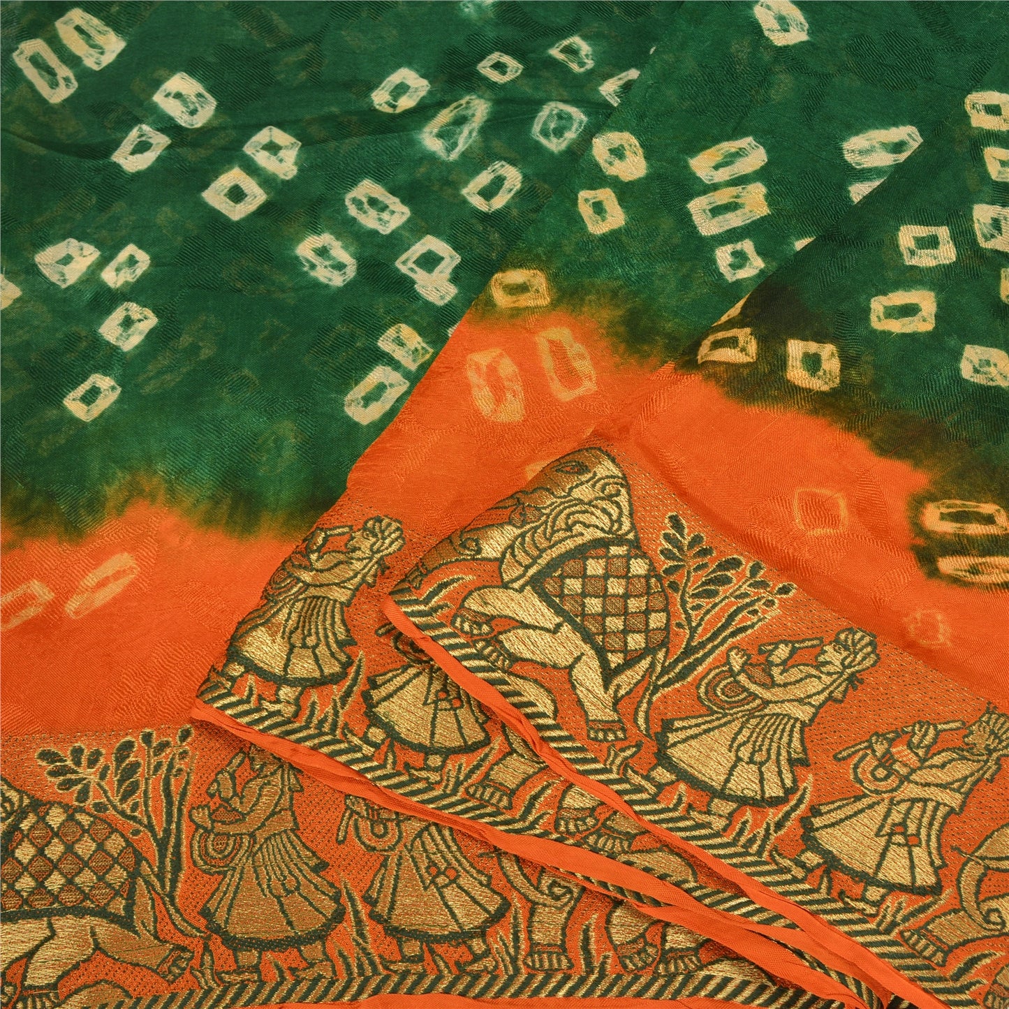 Sanskriti Vintage Green Pure Silk Saree with Humans & Bandhani Woven Sari Fabric