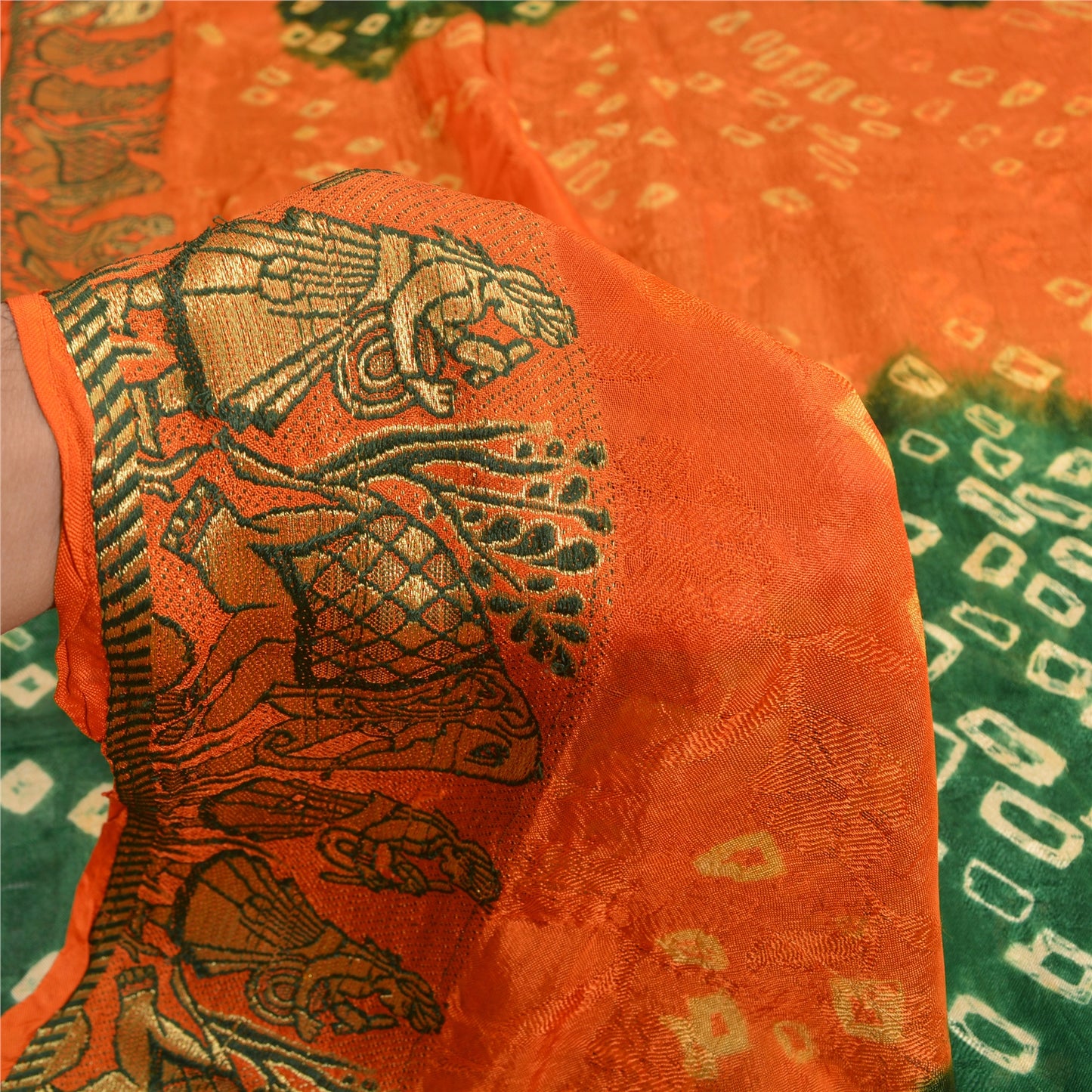Sanskriti Vintage Green Pure Silk Saree with Humans & Bandhani Woven Sari Fabric