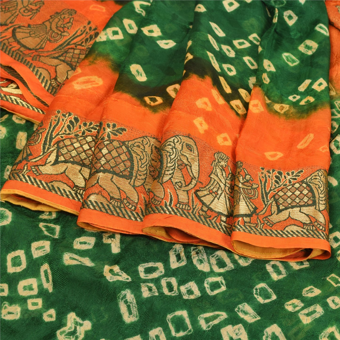 Sanskriti Vintage Green Pure Silk Saree with Humans & Bandhani Woven Sari Fabric
