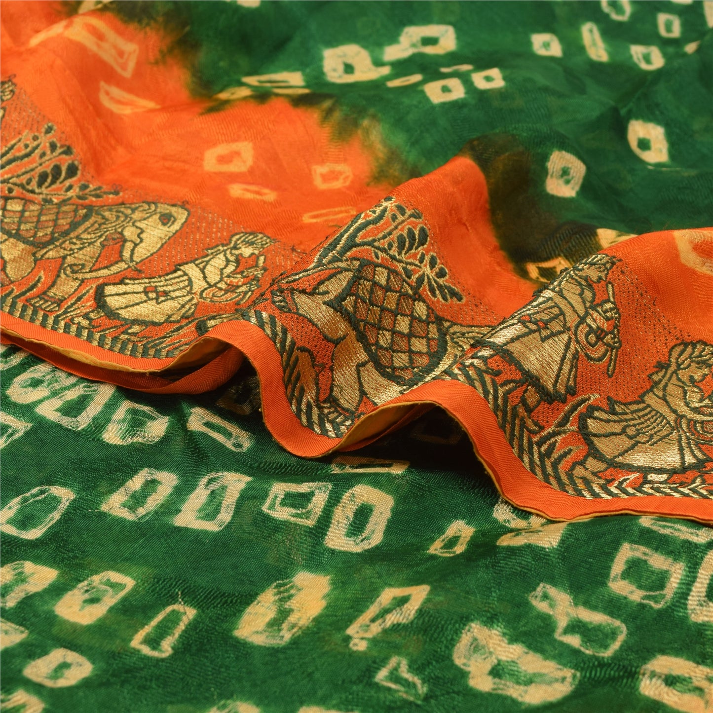 Sanskriti Vintage Green Pure Silk Saree with Humans & Bandhani Woven Sari Fabric
