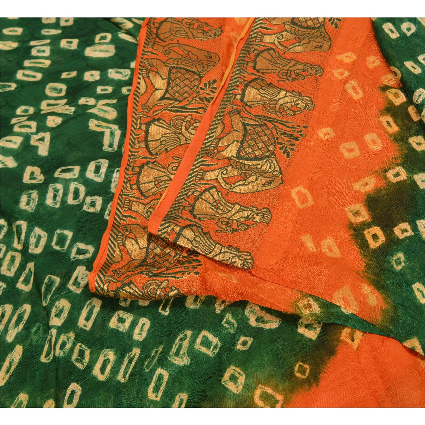 Sanskriti Vintage Green Pure Silk Saree with Humans & Bandhani Woven Sari Fabric
