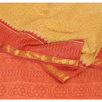 Sanskriti Vintage Red/Yellow Sarees Cotton Silk Block Printed Ethnic Sari Fabric