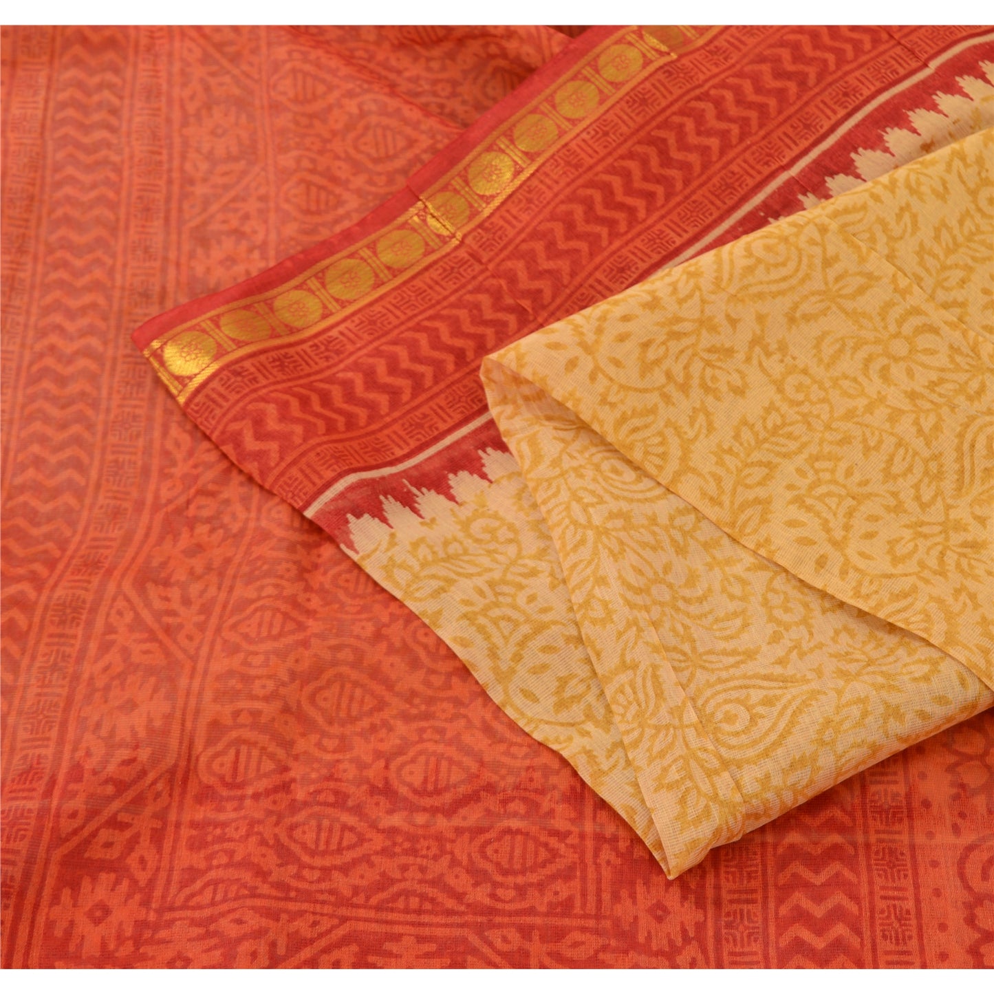 Sanskriti Vintage Red/Yellow Sarees Cotton Silk Block Printed Ethnic Sari Fabric