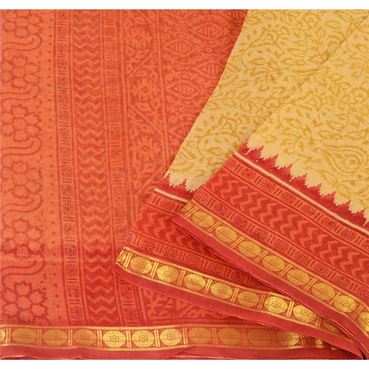 Sanskriti Vintage Red/Yellow Sarees Cotton Silk Block Printed Ethnic Sari Fabric