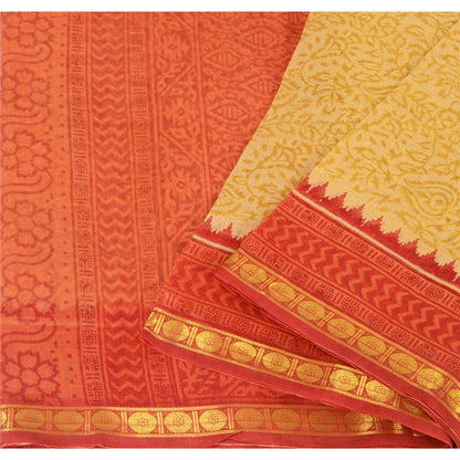 Sanskriti Vintage Red/Yellow Sarees Cotton Silk Block Printed Ethnic Sari Fabric
