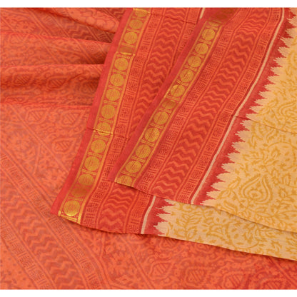 Sanskriti Vintage Red/Yellow Sarees Cotton Silk Block Printed Ethnic Sari Fabric