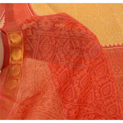 Sanskriti Vintage Red/Yellow Sarees Cotton Silk Block Printed Ethnic Sari Fabric