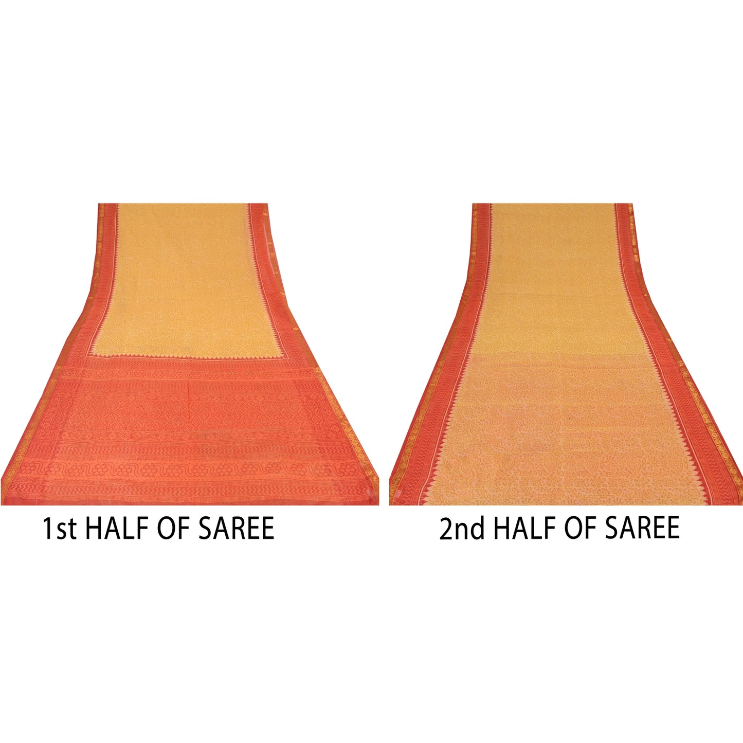 Sanskriti Vintage Red/Yellow Sarees Cotton Silk Block Printed Ethnic Sari Fabric