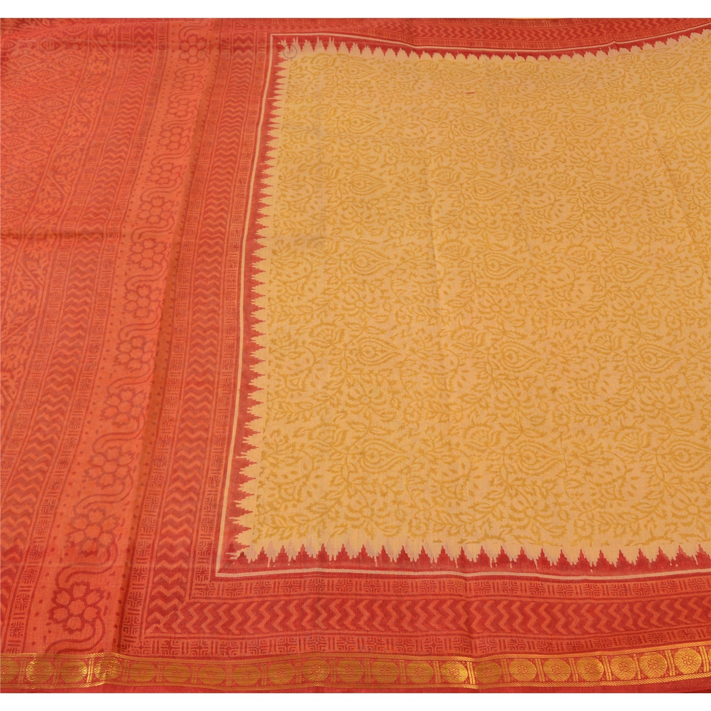Sanskriti Vintage Red/Yellow Sarees Cotton Silk Block Printed Ethnic Sari Fabric