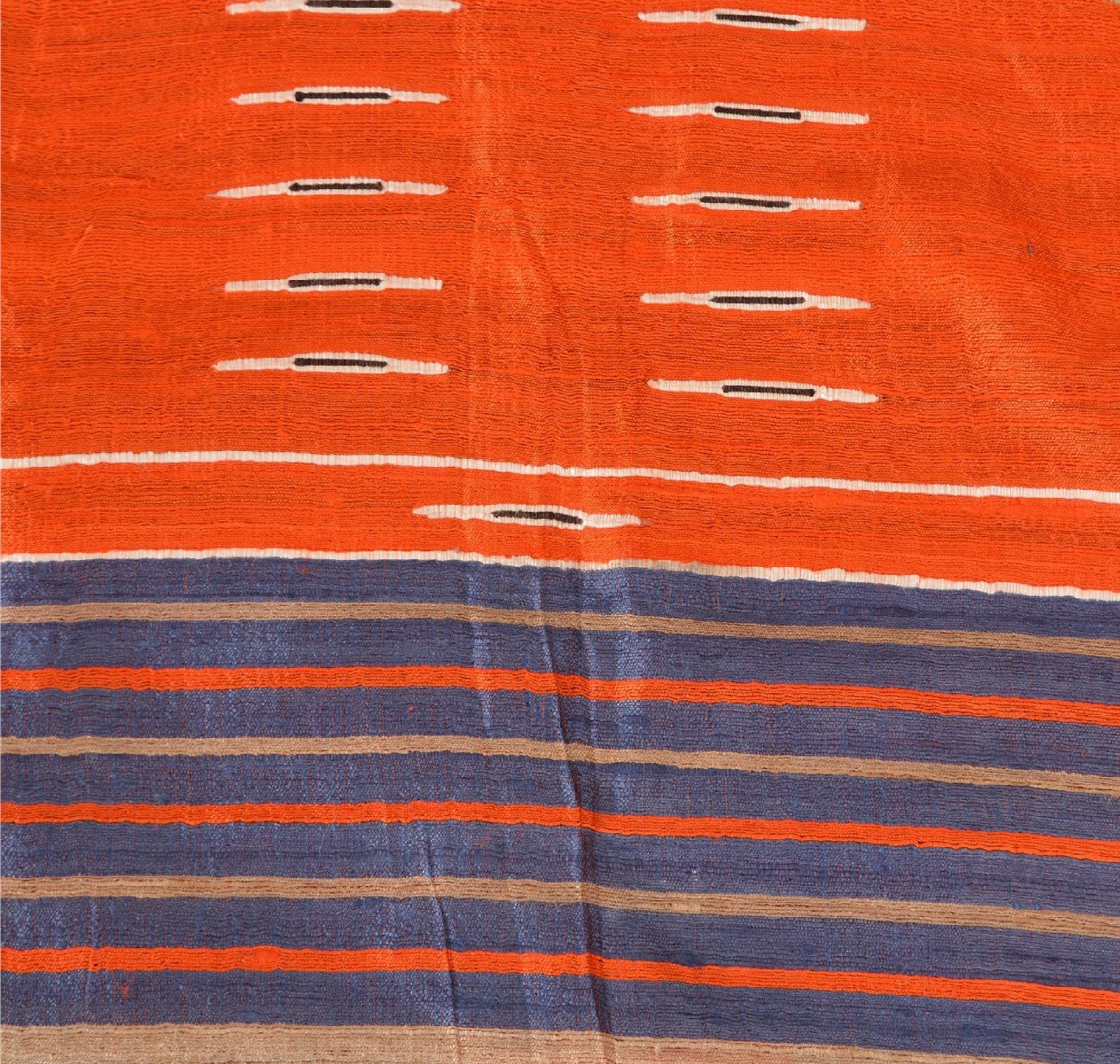 Sanskriti Vintage Orange/Blue Sarees 100% Pure Silk Hand Woven Sari Craft Sustainable Fabric