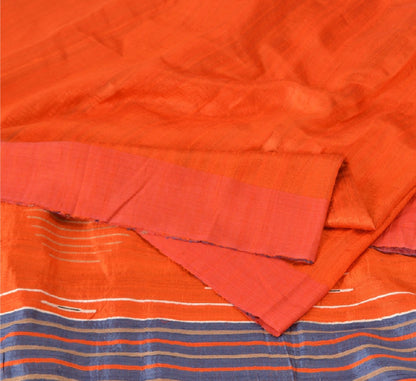 Sanskriti Vintage Orange/Blue Sarees 100% Pure Silk Hand Woven Sari Craft Sustainable Fabric