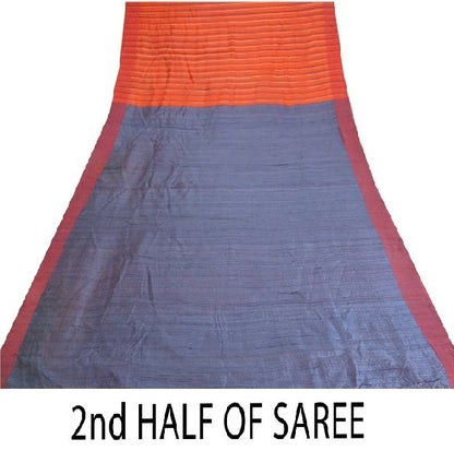 Sanskriti Vintage Orange/Blue Sarees 100% Pure Silk Hand Woven Sari Craft Sustainable Fabric