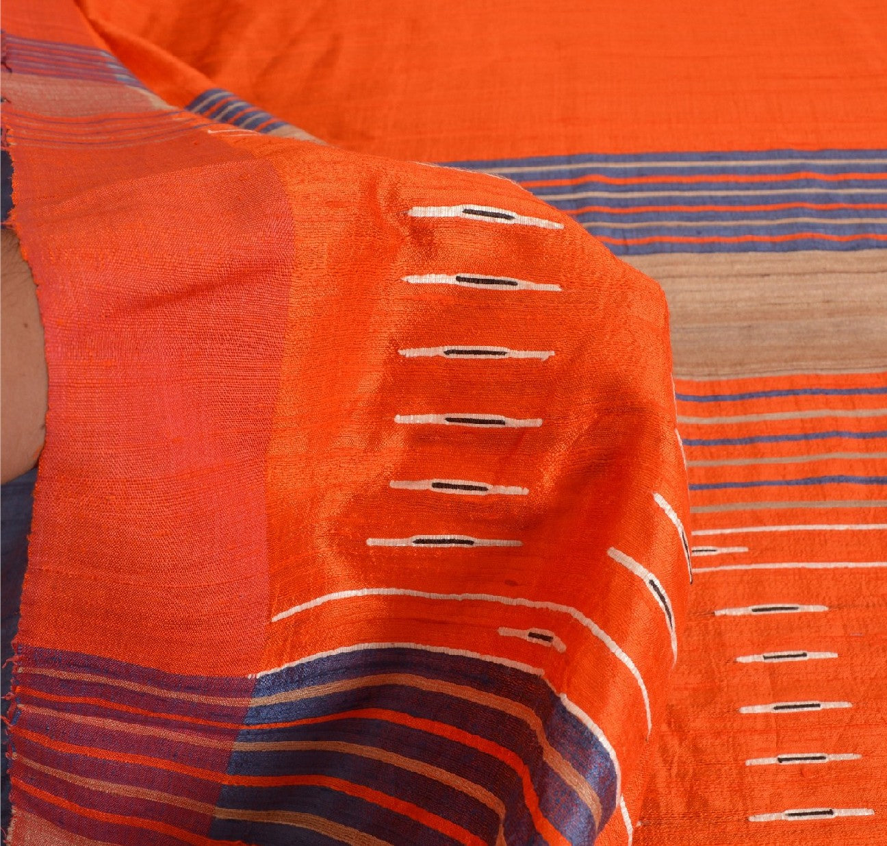 Sanskriti Vintage Orange/Blue Sarees 100% Pure Silk Hand Woven Sari Craft Sustainable Fabric