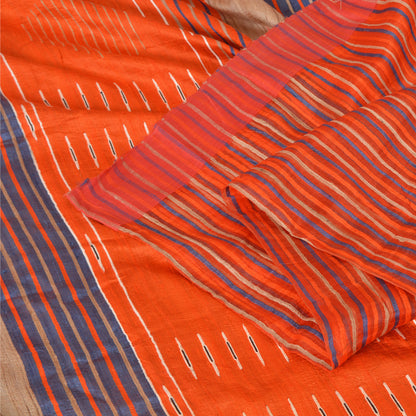 Sanskriti Vintage Orange/Blue Sarees 100% Pure Silk Hand Woven Sari Craft Sustainable Fabric