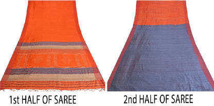Sanskriti Vintage Orange/Blue Sarees 100% Pure Silk Hand Woven Sari Craft Sustainable Fabric