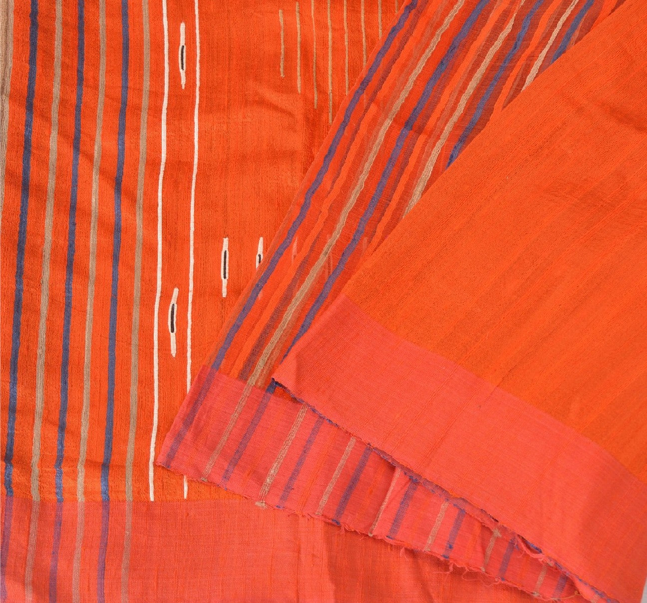 Sanskriti Vintage Orange/Blue Sarees 100% Pure Silk Hand Woven Sari Craft Sustainable Fabric