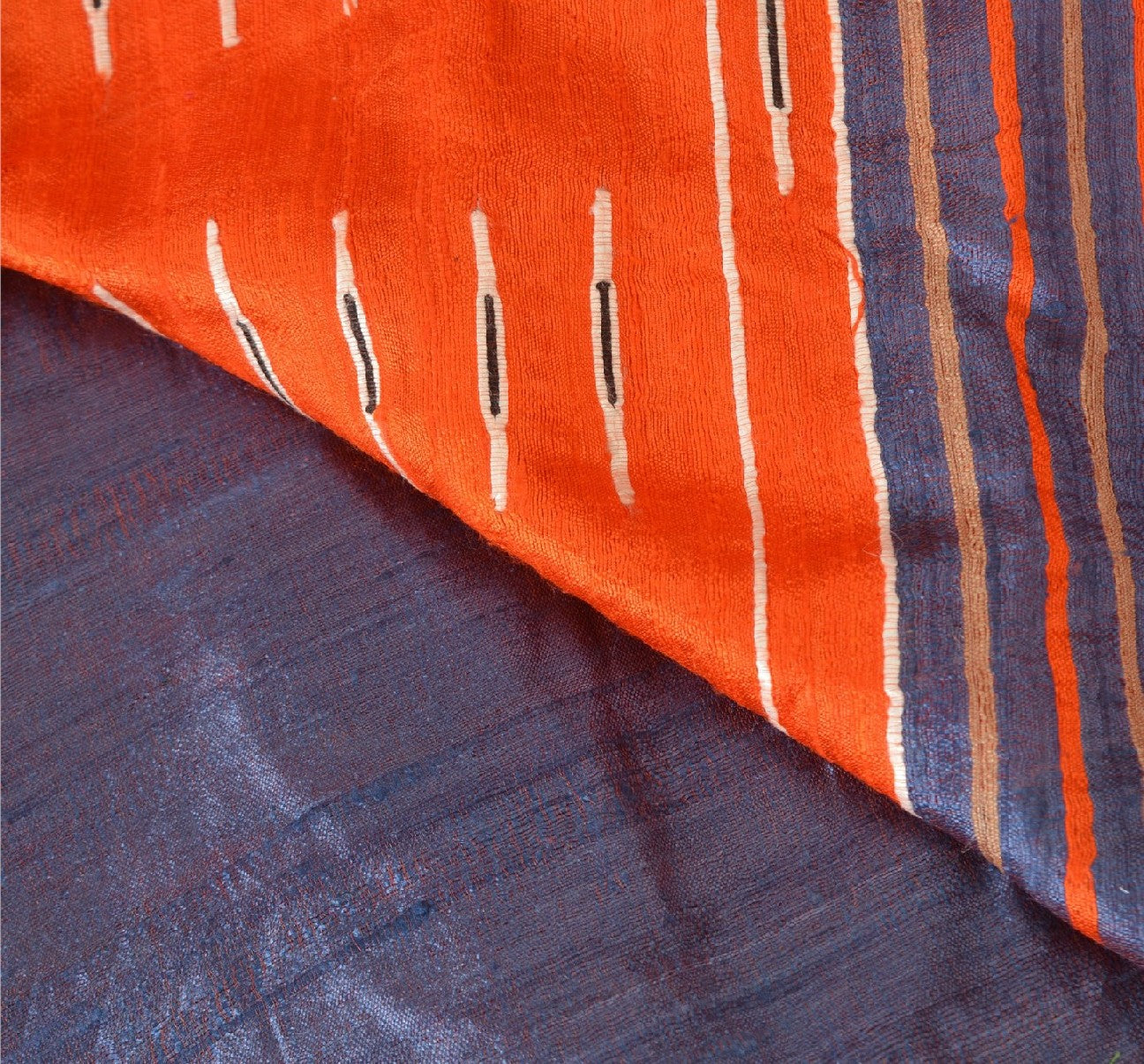 Sanskriti Vintage Orange/Blue Sarees 100% Pure Silk Hand Woven Sari Craft Sustainable Fabric