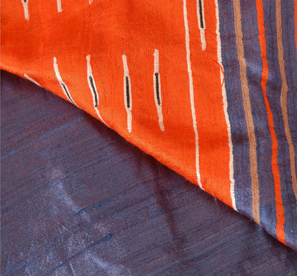 Sanskriti Vintage Orange/Blue Sarees 100% Pure Silk Hand Woven Sari Craft Sustainable Fabric