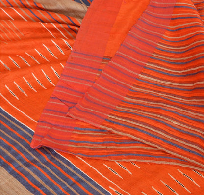 Sanskriti Vintage Orange/Blue Sarees 100% Pure Silk Hand Woven Sari Craft Sustainable Fabric