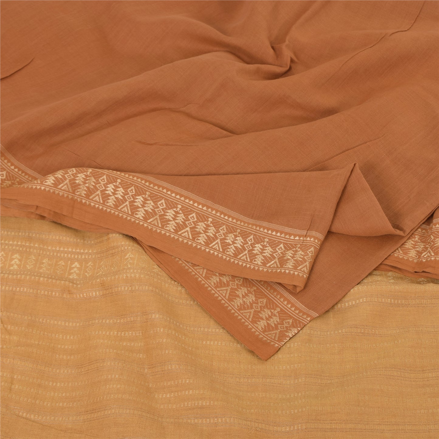 Sanskriti Vintage Indian Mustard/Brown Sarees Pure Cotton Woven Sari 5yd Sustainable Fabric