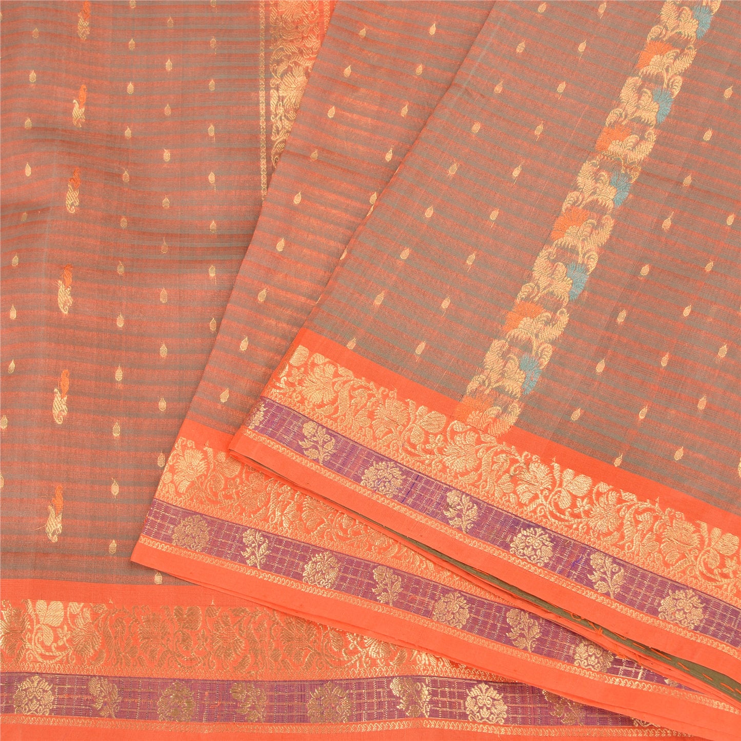 Sanskriti Vintage Orange Sarees 100% Pure Silk Woven Premium Sari Craft Sustainable Fabric