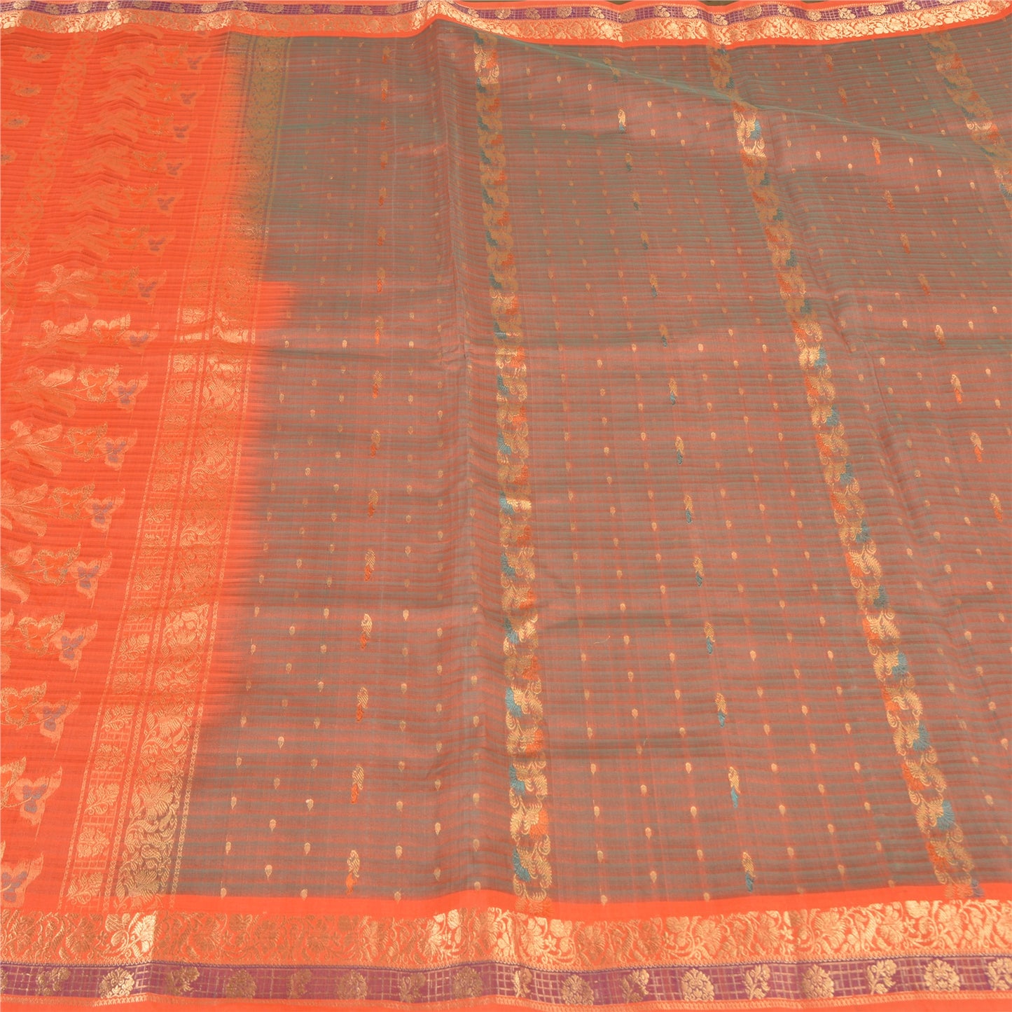 Sanskriti Vintage Orange Sarees 100% Pure Silk Woven Premium Sari Craft Sustainable Fabric