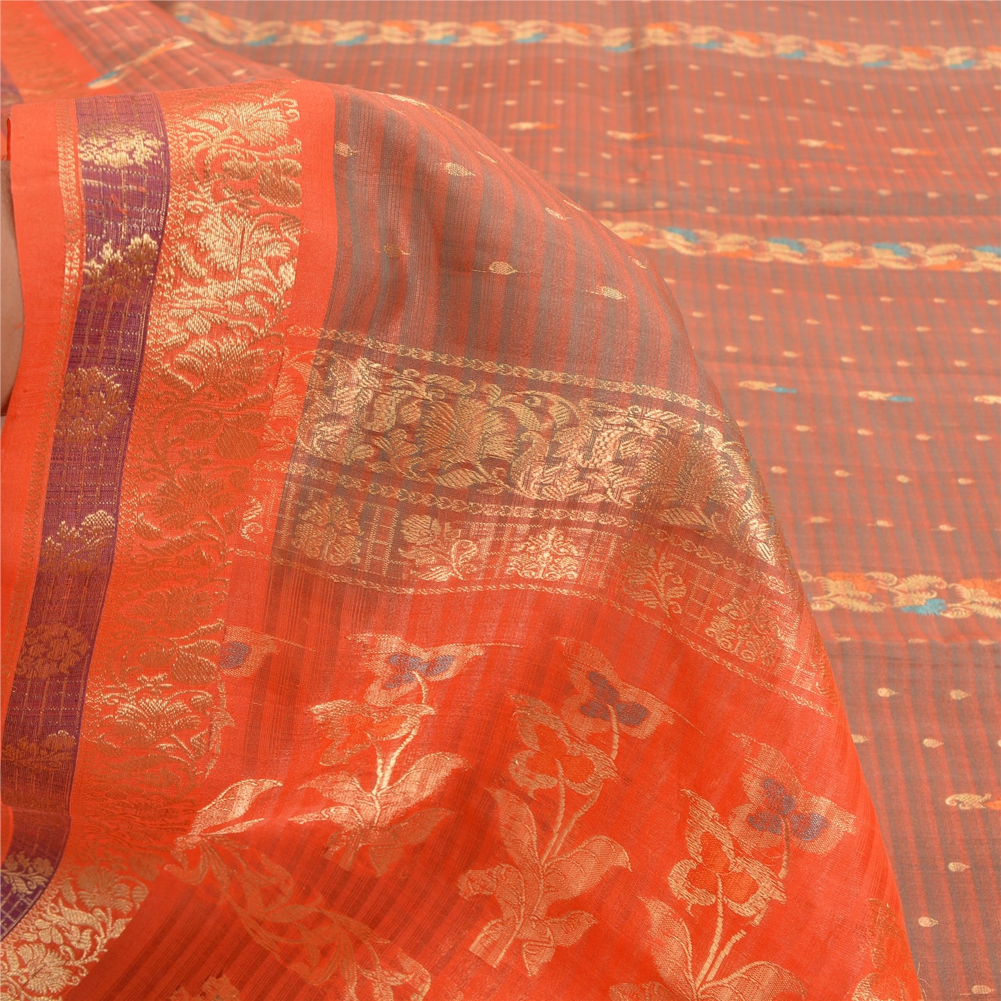 Sanskriti Vintage Orange Sarees 100% Pure Silk Woven Premium Sari Craft Sustainable Fabric