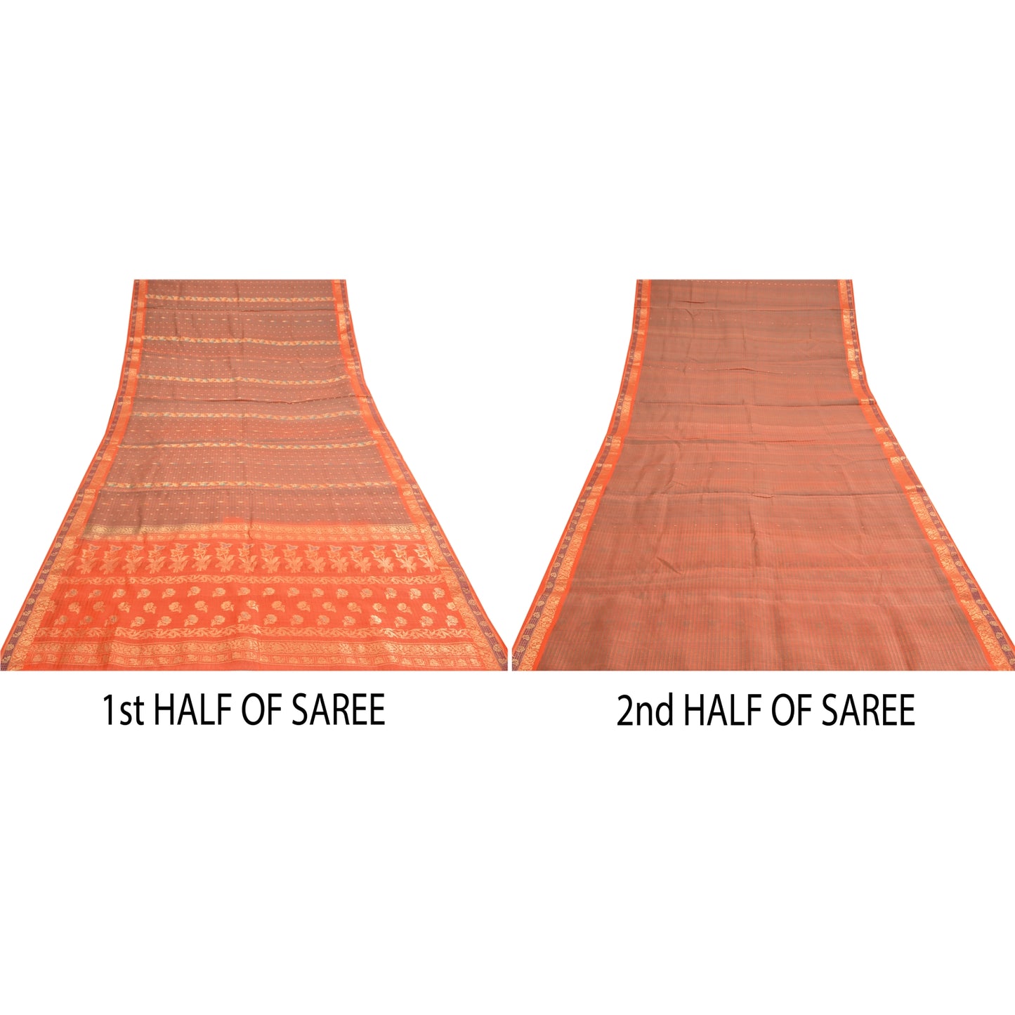 Sanskriti Vintage Orange Sarees 100% Pure Silk Woven Premium Sari Craft Sustainable Fabric