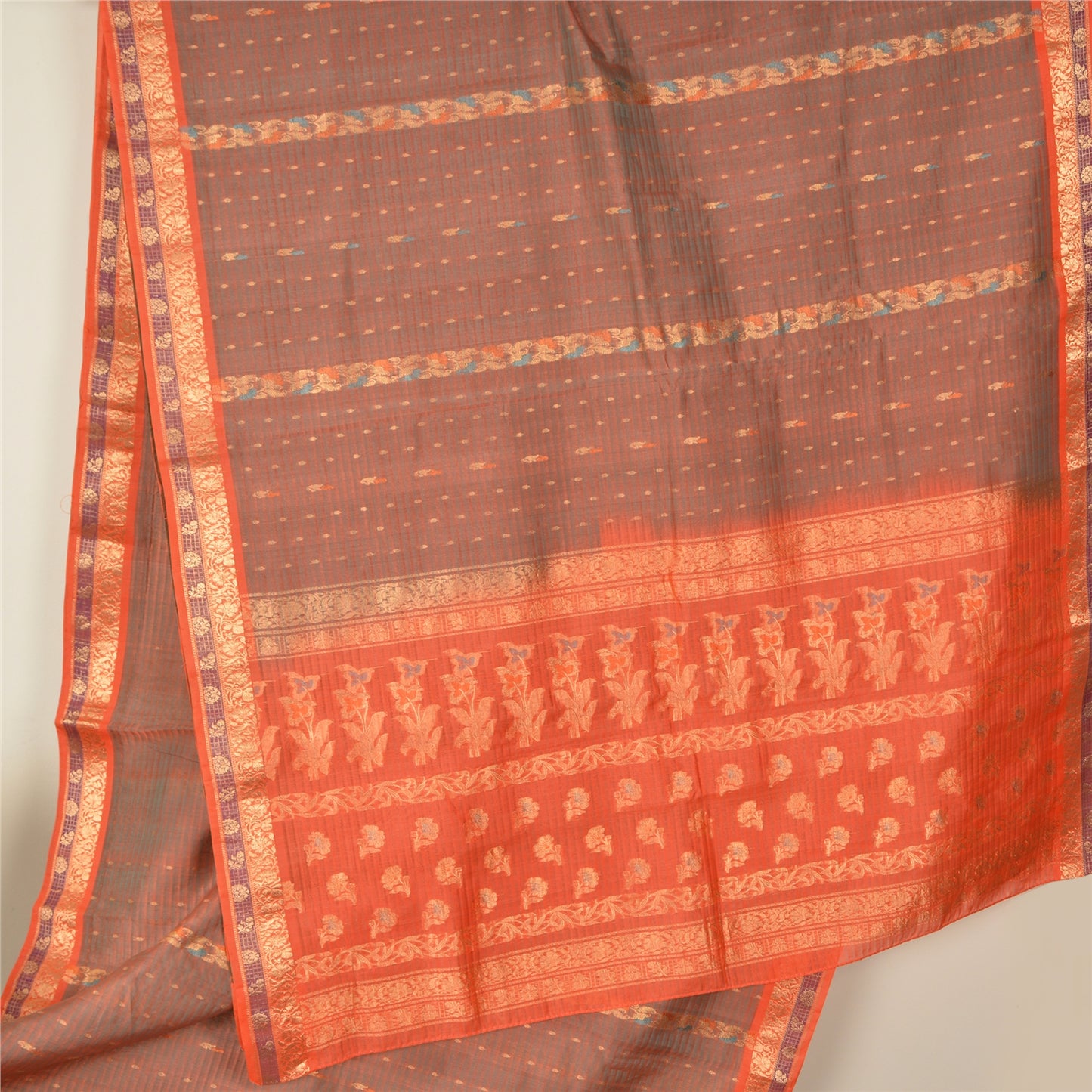 Sanskriti Vintage Orange Sarees 100% Pure Silk Woven Premium Sari Craft Sustainable Fabric