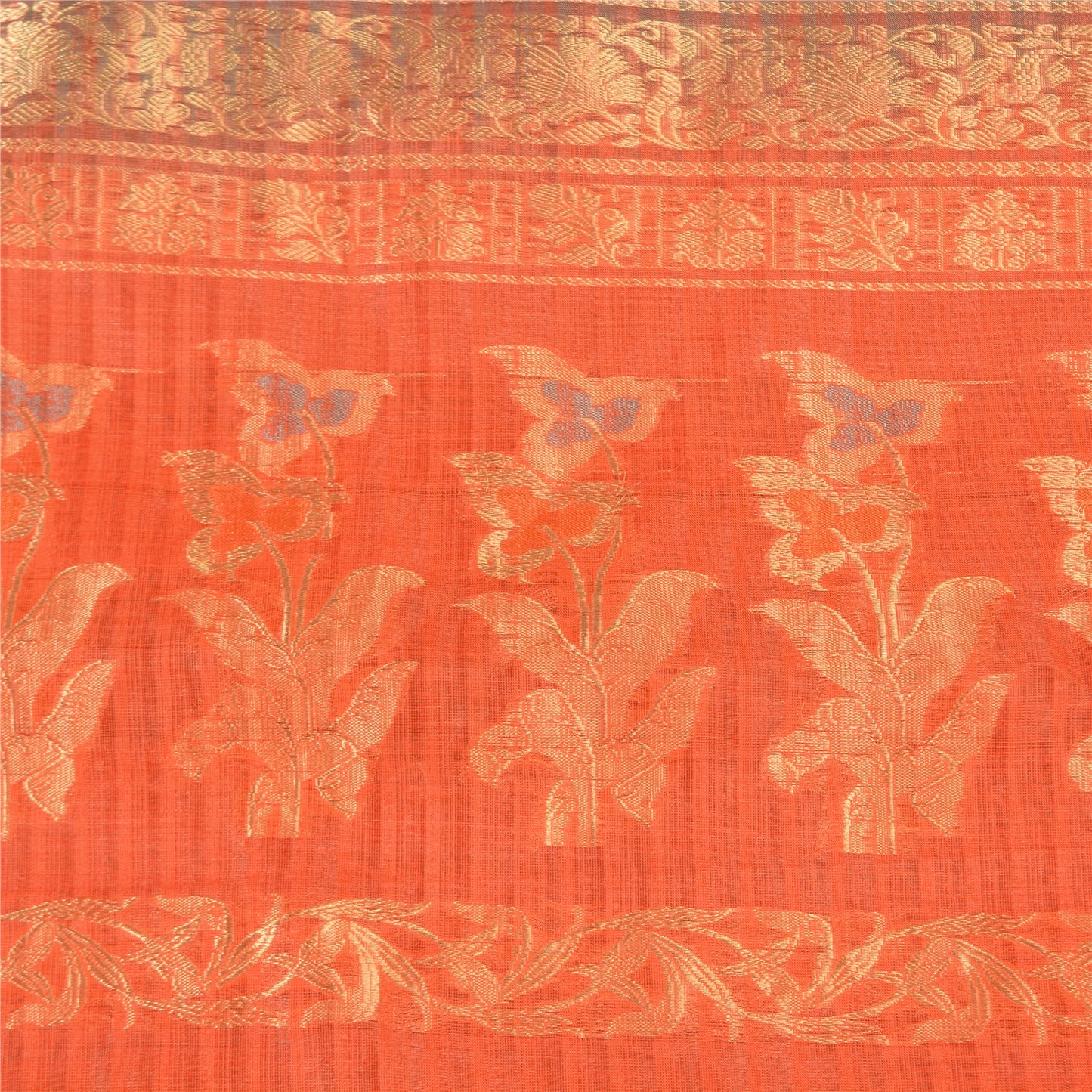 Sanskriti Vintage Orange Sarees 100% Pure Silk Woven Premium Sari Craft Sustainable Fabric