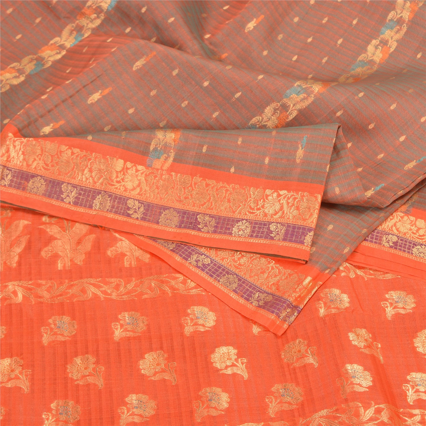 Sanskriti Vintage Orange Sarees 100% Pure Silk Woven Premium Sari Craft Sustainable Fabric