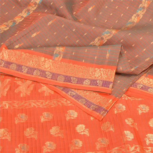 Sanskriti Vintage Orange Sarees 100% Pure Silk Woven Premium Sari Craft Sustainable Fabric