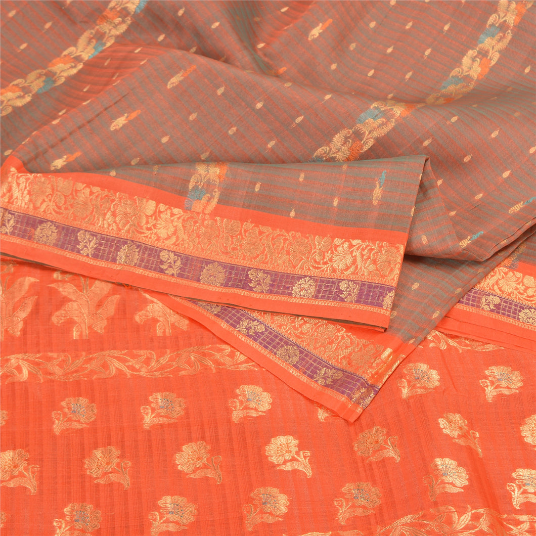 Sanskriti Vintage Orange Sarees 100% Pure Silk Woven Premium Sari Craft Fabric