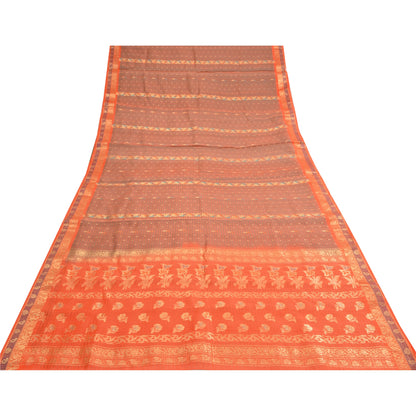 Sanskriti Vintage Orange Sarees 100% Pure Silk Woven Premium Sari Craft Sustainable Fabric