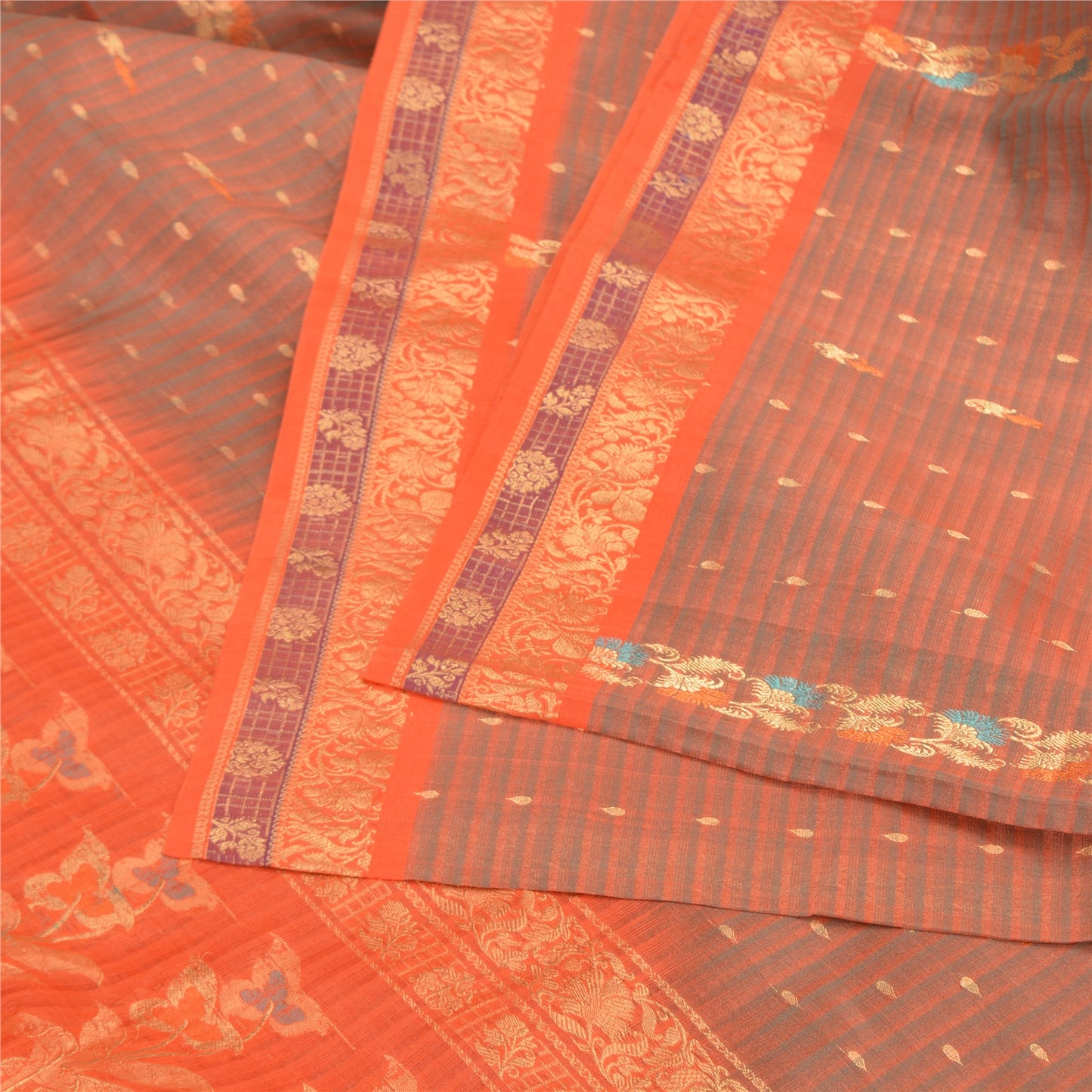 Sanskriti Vintage Orange Sarees 100% Pure Silk Woven Premium Sari Craft Sustainable Fabric