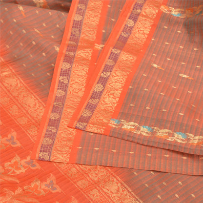 Sanskriti Vintage Orange Sarees 100% Pure Silk Woven Premium Sari Craft Sustainable Fabric