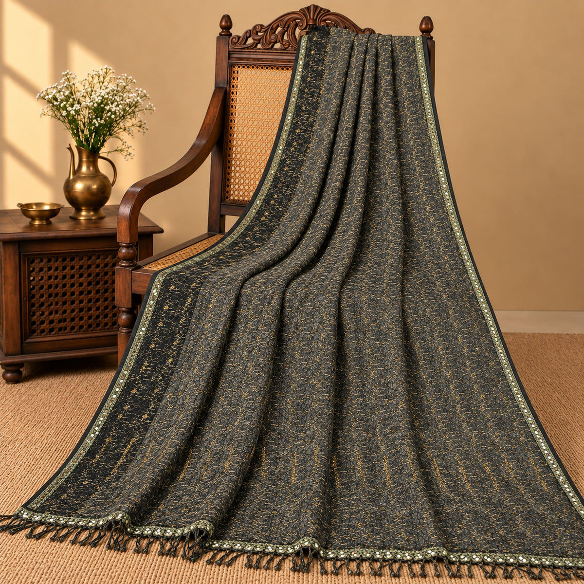 Sanskriti Vintage Hand Beaded Woven Net Mesh Saree Black Sari India Craft Fabric
