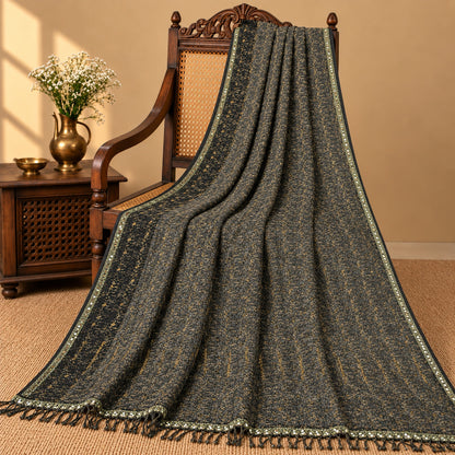 Sanskriti Vintage Hand Beaded Woven Net Mesh Saree Black Sari India Craft Fabric