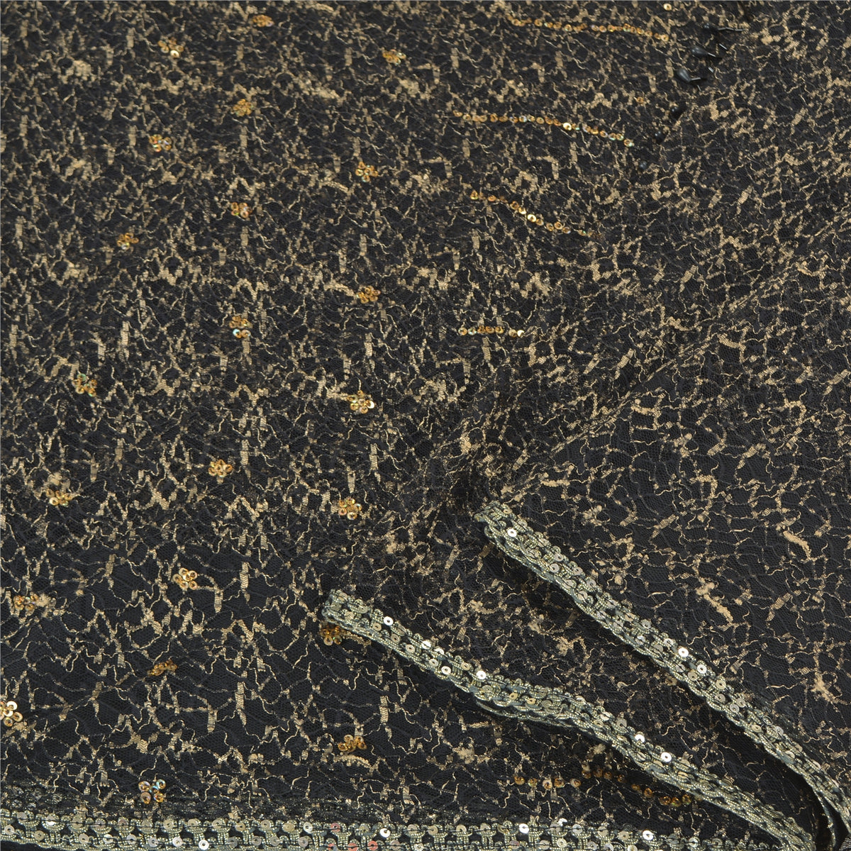 Sanskriti Vintage Hand Beaded Woven Net Mesh Saree Black Sari India Craft Fabric