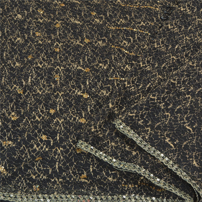 Sanskriti Vintage Hand Beaded Woven Net Mesh Saree Black Sari India Craft Fabric