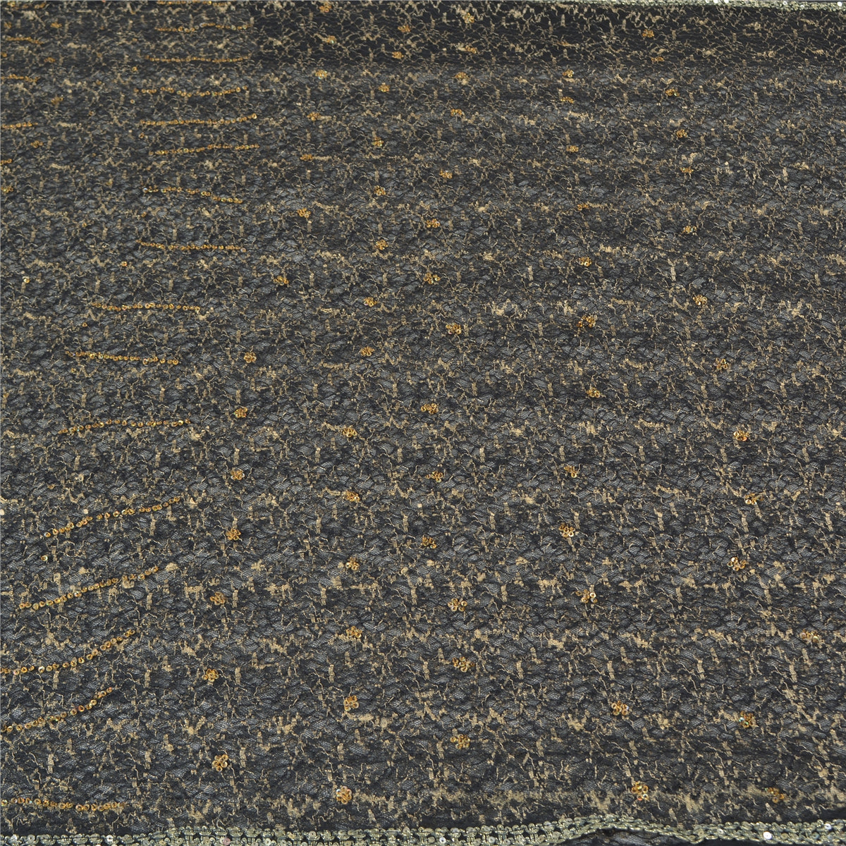 Sanskriti Vintage Hand Beaded Woven Net Mesh Saree Black Sari India Craft Fabric