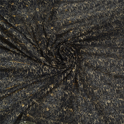 Sanskriti Vintage Hand Beaded Woven Net Mesh Saree Black Sari India Craft Fabric
