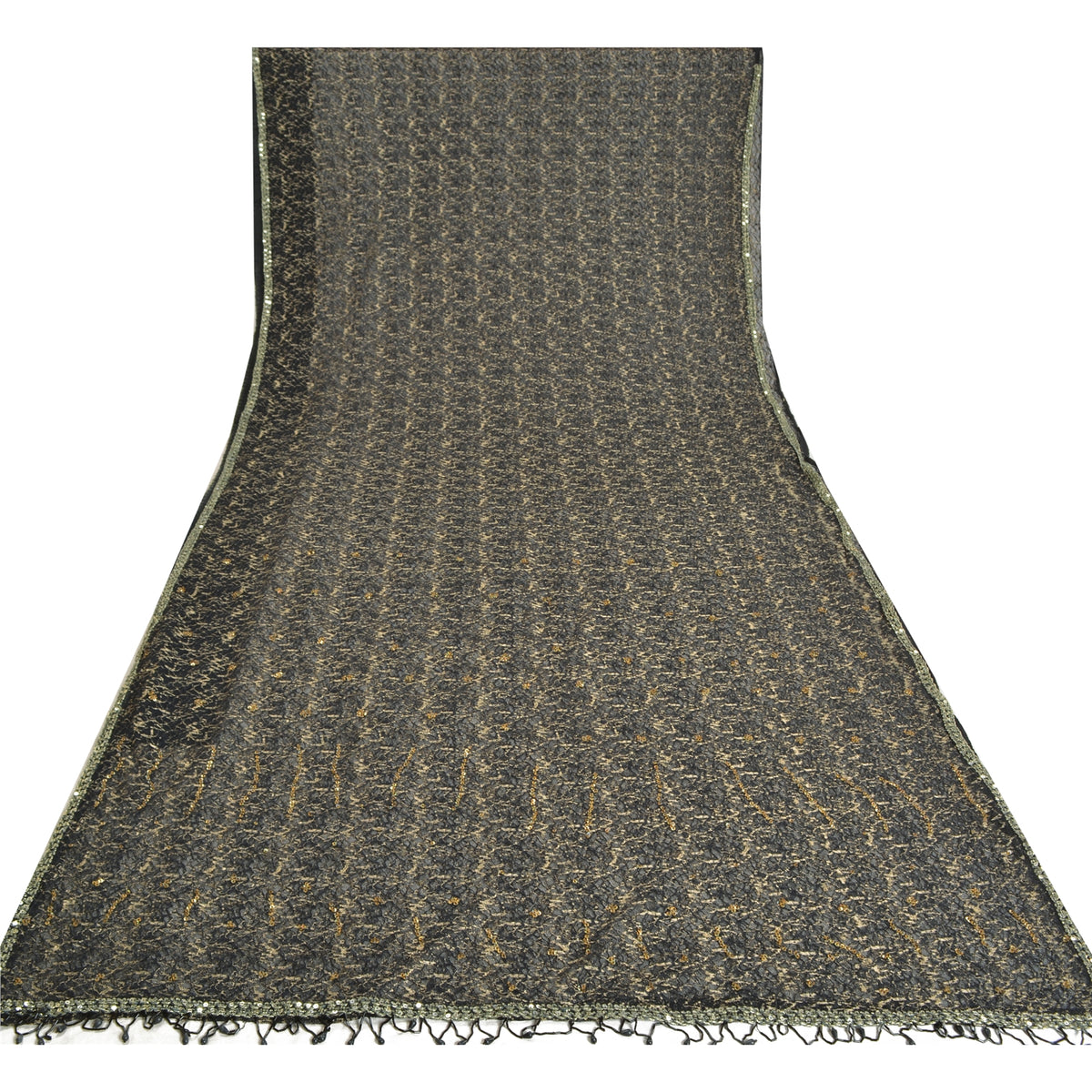 Sanskriti Vintage Hand Beaded Woven Net Mesh Saree Black Sari India Craft Fabric